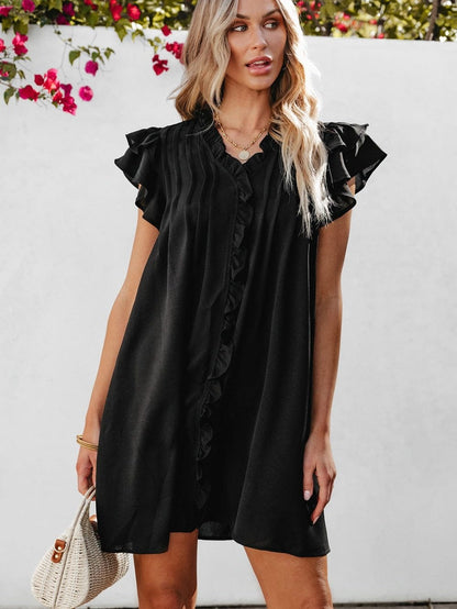 Sweet Black Ruffle Sleeve V Neck Mini Shift Dress