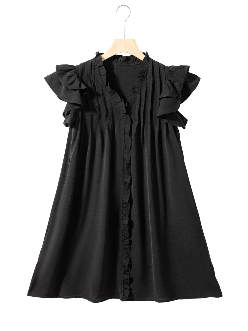 Sweet Black Ruffle Sleeve V Neck Mini Shift Dress