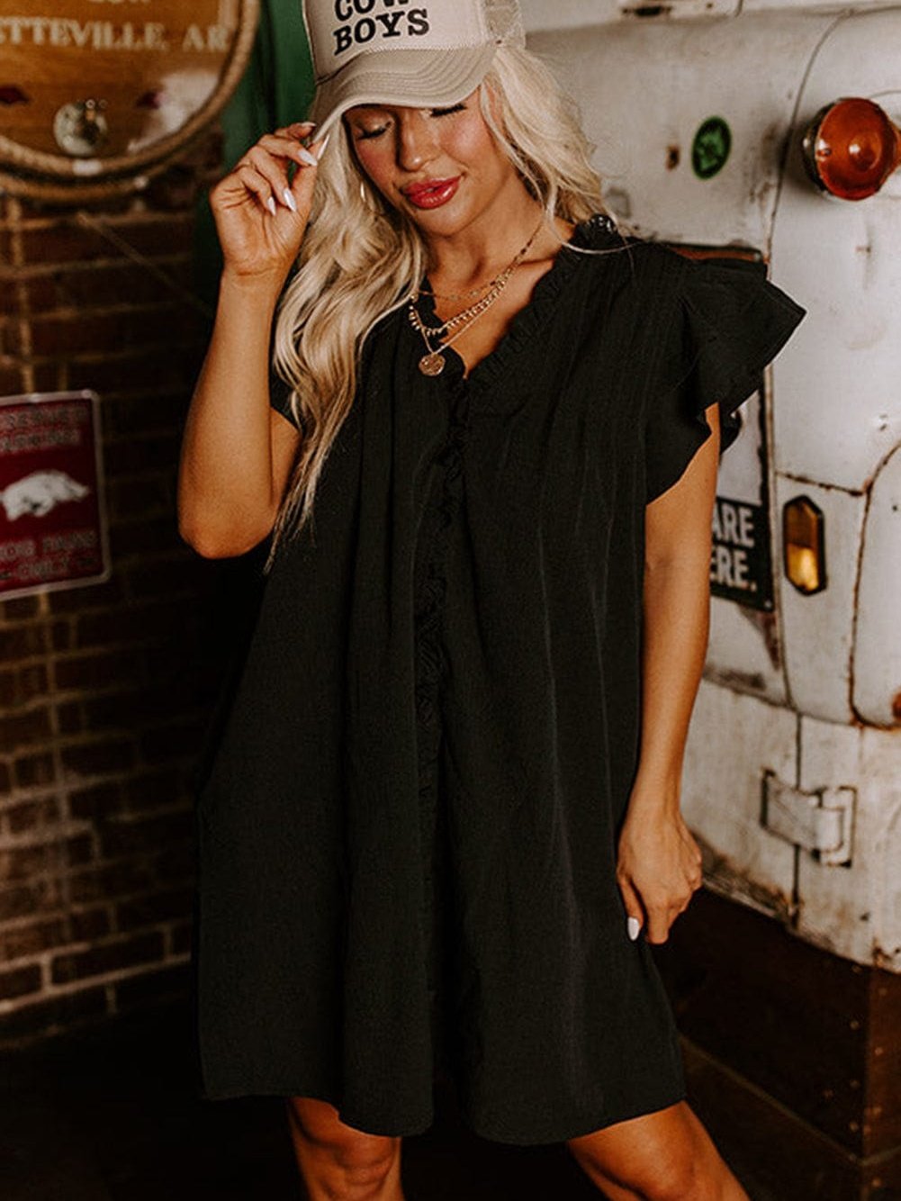 Sweet Black Ruffle Sleeve V Neck Mini Shift Dress