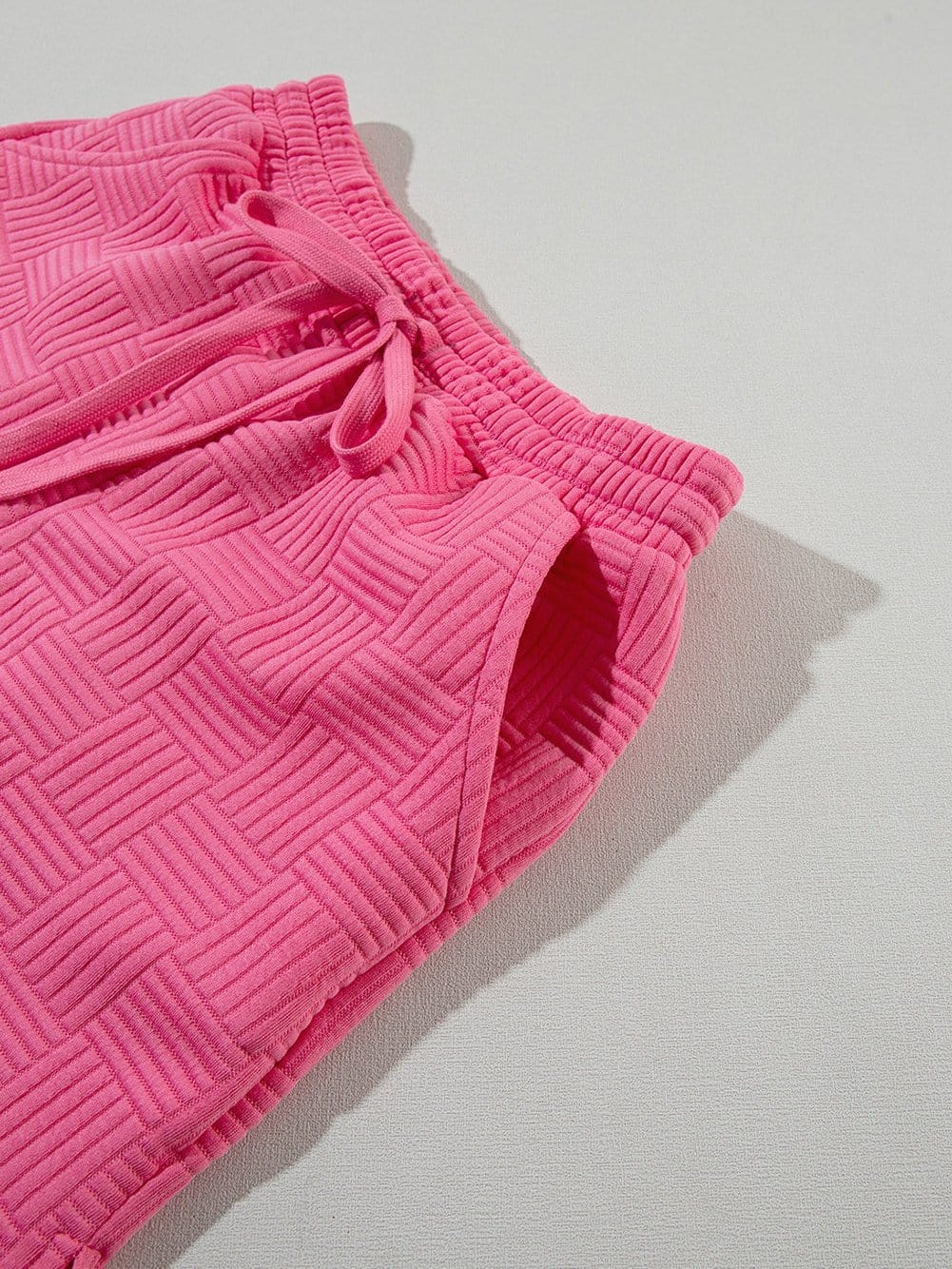 Sweet Pink Textured Two-Piece Ruffle Sleeve Tee and Drawstring Shorts Ensemble