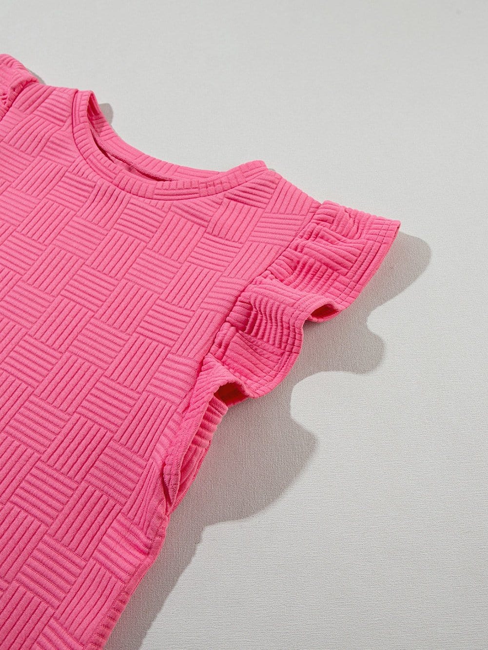 Sweet Pink Textured Two-Piece Ruffle Sleeve Tee and Drawstring Shorts Ensemble