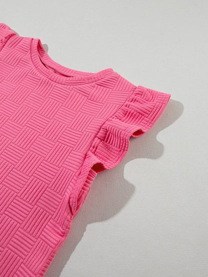 Sweet Pink Textured Two-Piece Ruffle Sleeve Tee and Drawstring Shorts Ensemble