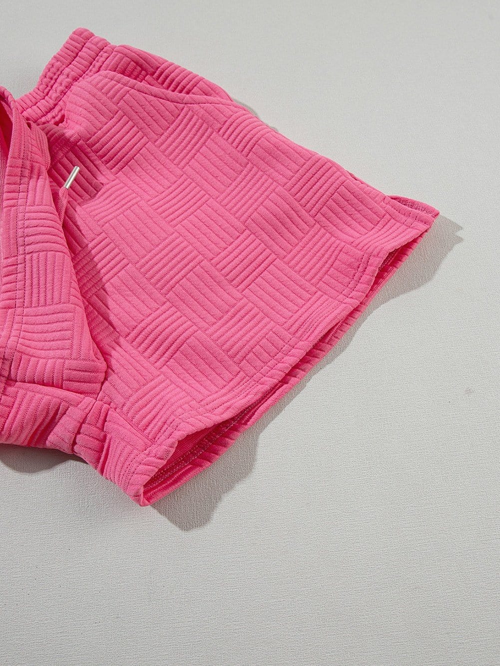 Sweet Pink Textured Two-Piece Ruffle Sleeve Tee and Drawstring Shorts Ensemble