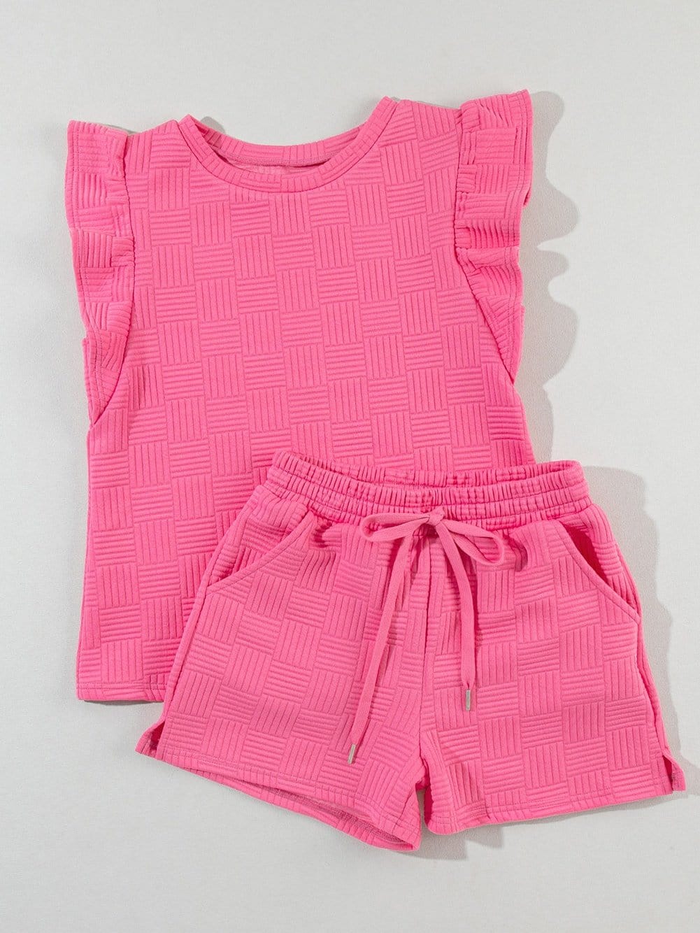 Sweet Pink Textured Two-Piece Ruffle Sleeve Tee and Drawstring Shorts Ensemble