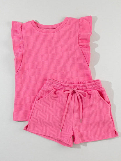 Sweet Pink Textured Two-Piece Ruffle Sleeve Tee and Drawstring Shorts Ensemble