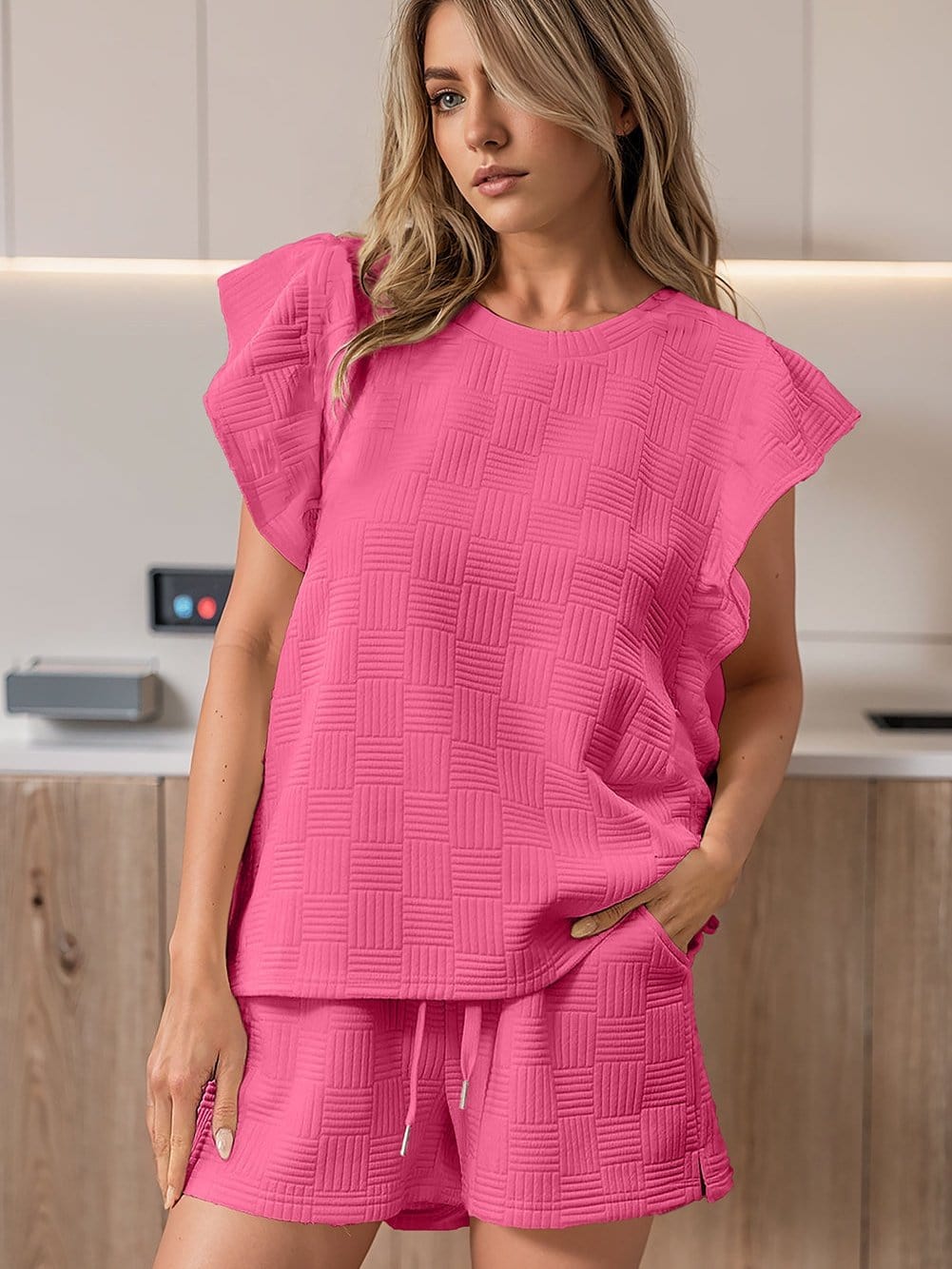 Sweet Pink Textured Two-Piece Ruffle Sleeve Tee and Drawstring Shorts Ensemble