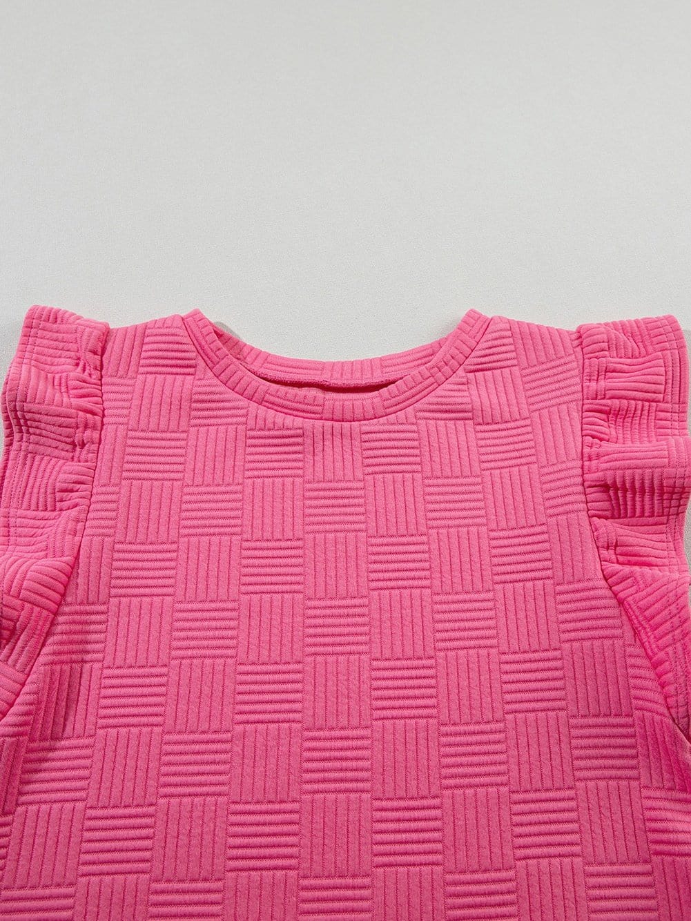 Sweet Pink Textured Two-Piece Ruffle Sleeve Tee and Drawstring Shorts Ensemble