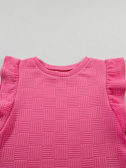 Sweet Pink Textured Two-Piece Ruffle Sleeve Tee and Drawstring Shorts Ensemble