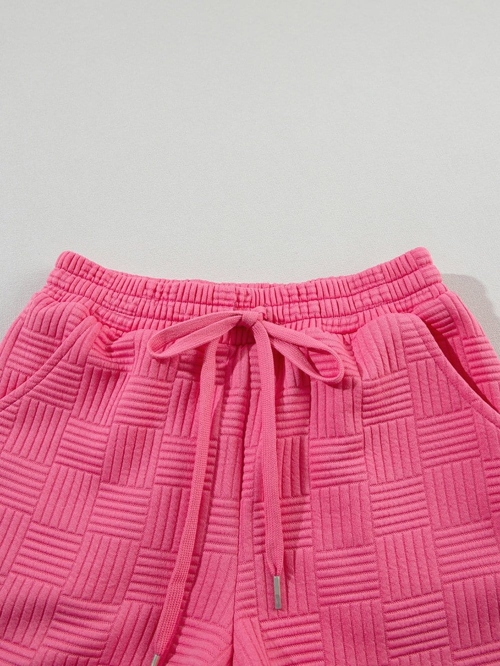 Sweet Pink Textured Two-Piece Ruffle Sleeve Tee and Drawstring Shorts Ensemble