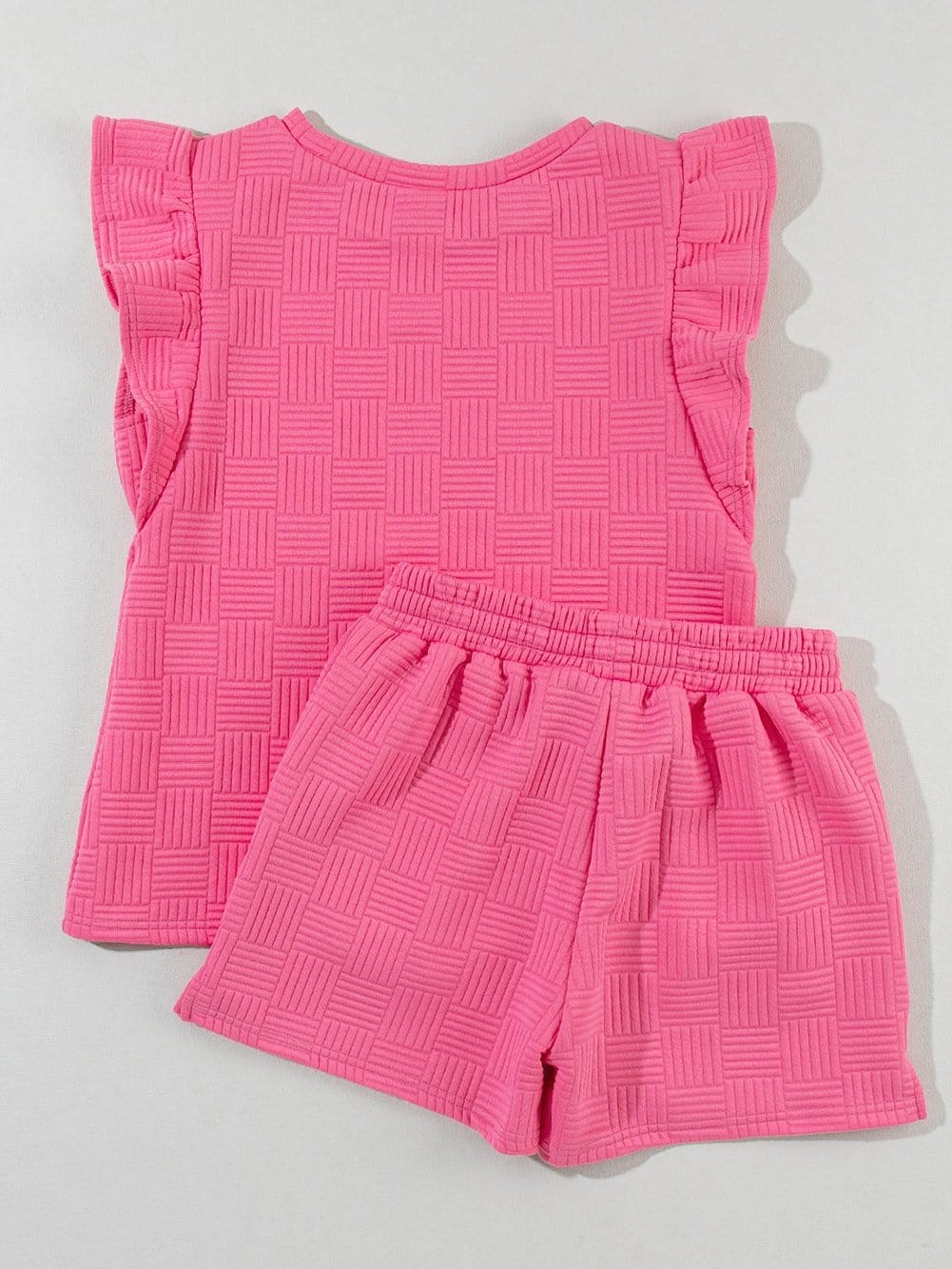 Sweet Pink Textured Two-Piece Ruffle Sleeve Tee and Drawstring Shorts Ensemble