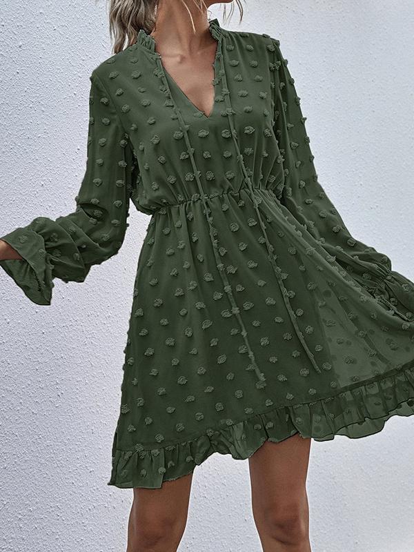 Swiss Dot Tie Neck Ruffle Hem Dress for Women