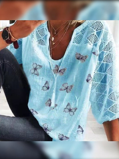 MsDressly T-shirts Casual Butterfly Printed Round Neck 3/4 Sleeve T-shirt