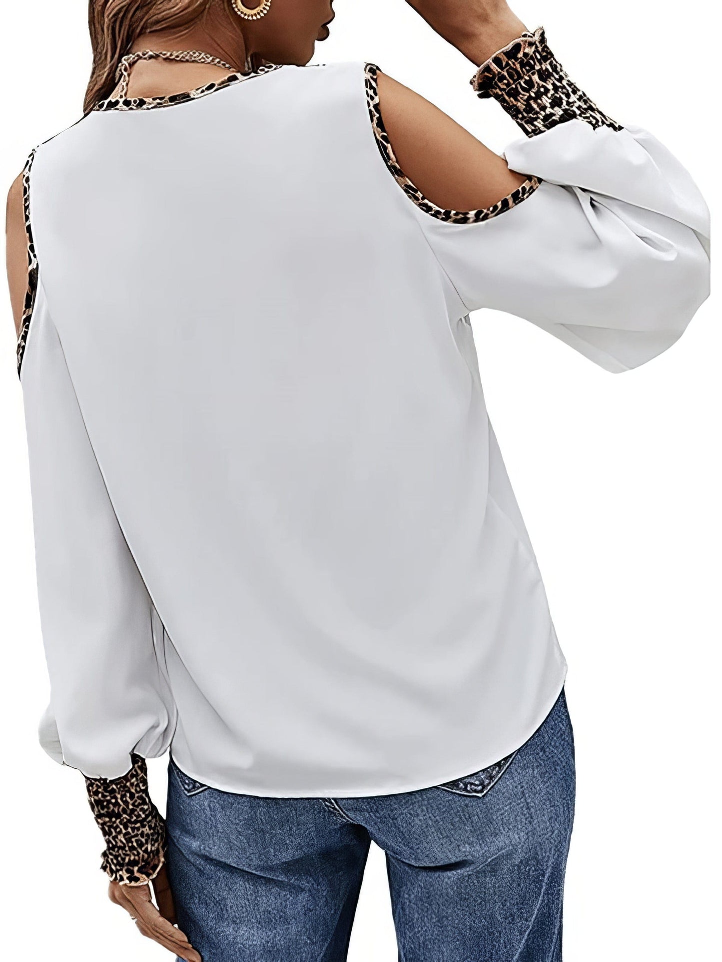 MsDressly T-Shirts Leopard Print Stitching V Neck Button Off-The-Shoulder T-Shirt