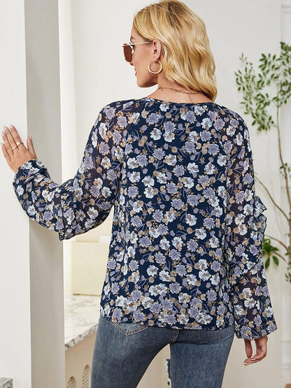 MsDressly T-Shirts Long Sleeve Floral Printed Loose Chiffon T-Shirt