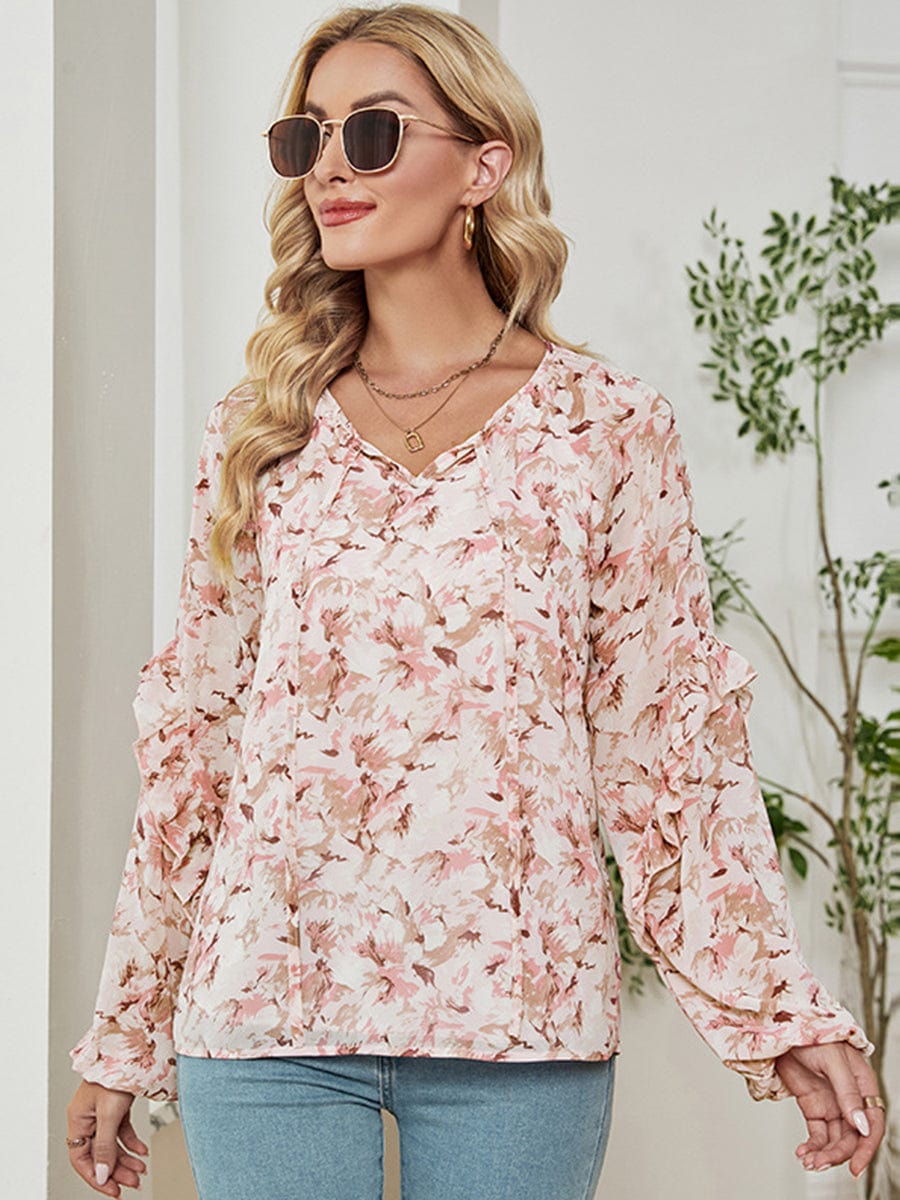 MsDressly T-Shirts Long Sleeve Floral Printed Loose Chiffon T-Shirt