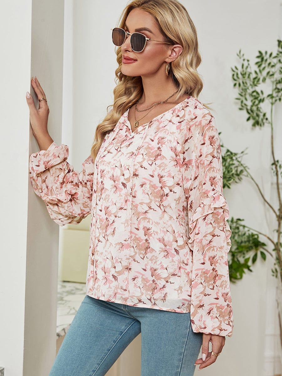 MsDressly T-Shirts Long Sleeve Floral Printed Loose Chiffon T-Shirt