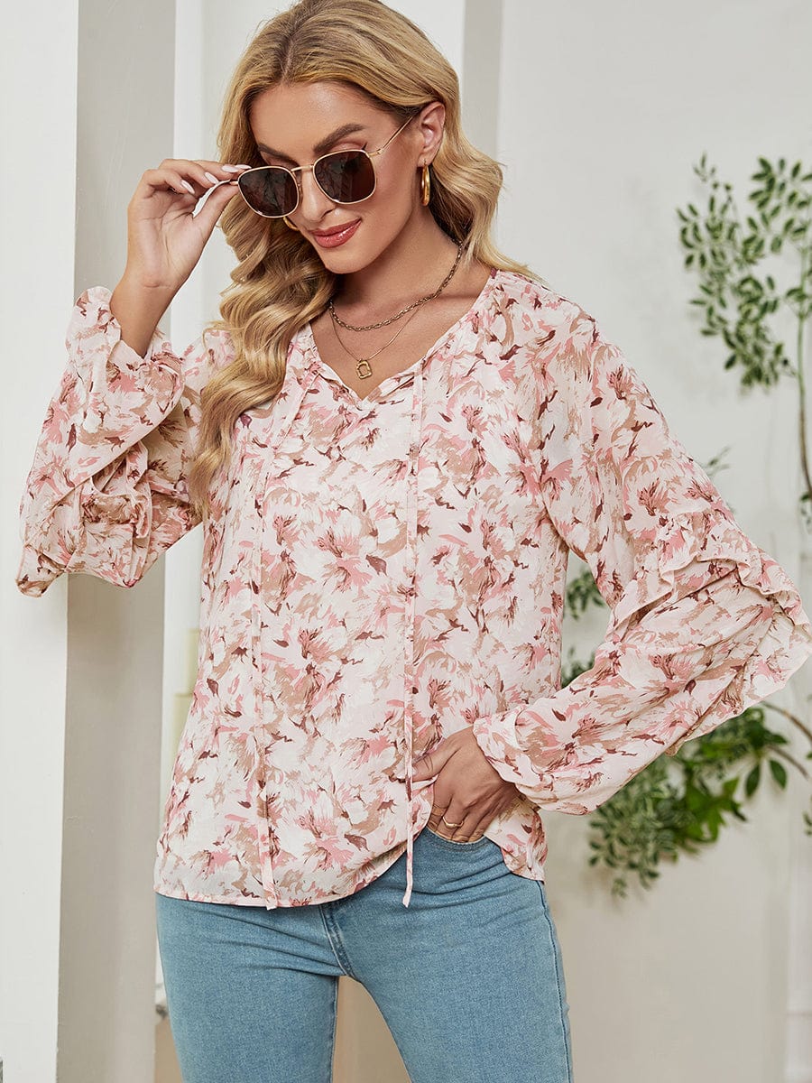 MsDressly T-Shirts Long Sleeve Floral Printed Loose Chiffon T-Shirt