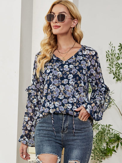 MsDressly T-Shirts Long Sleeve Floral Printed Loose Chiffon T-Shirt TSH2303030053NAVS