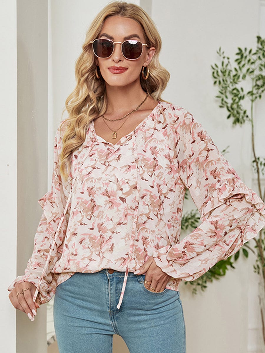 MsDressly T-Shirts Long Sleeve Floral Printed Loose Chiffon T-Shirt TSH2303030053PINS