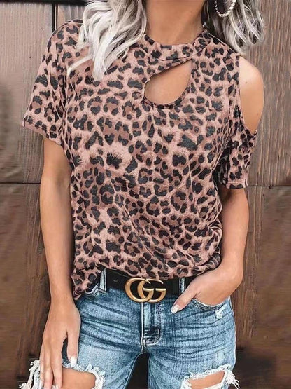 MsDressly T-Shirts Off-Shoulder Leopard Print Hollow Short Sleeve T-Shirt TSH2107121448BROS