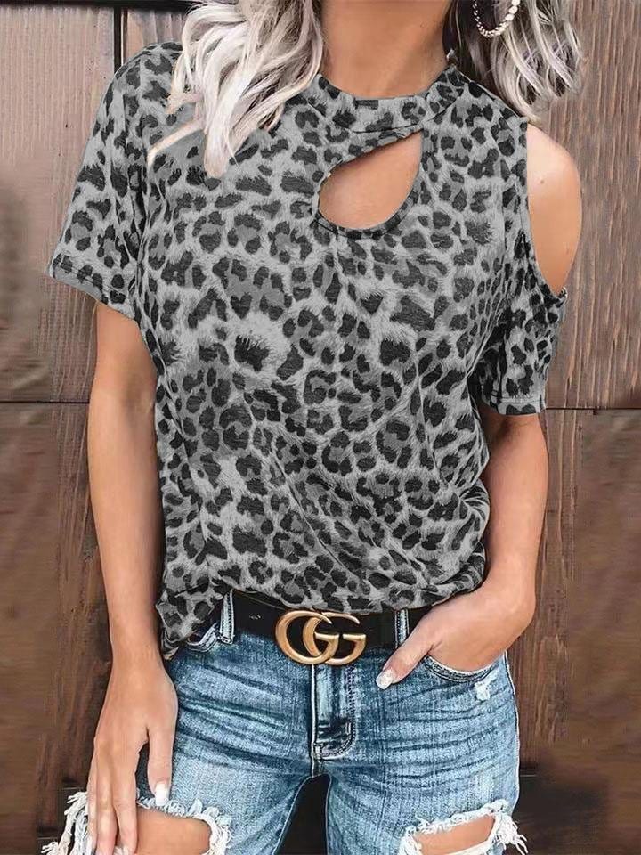 MsDressly T-Shirts Off-Shoulder Leopard Print Hollow Short Sleeve T-Shirt TSH2107121448GRAS