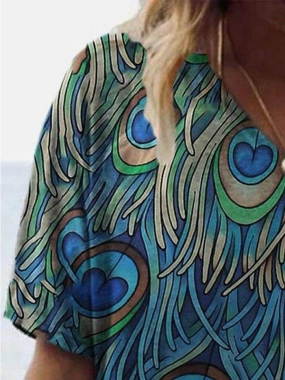 MsDressly T-shirts Peacock Feather Print Short-sleeved T-shirt