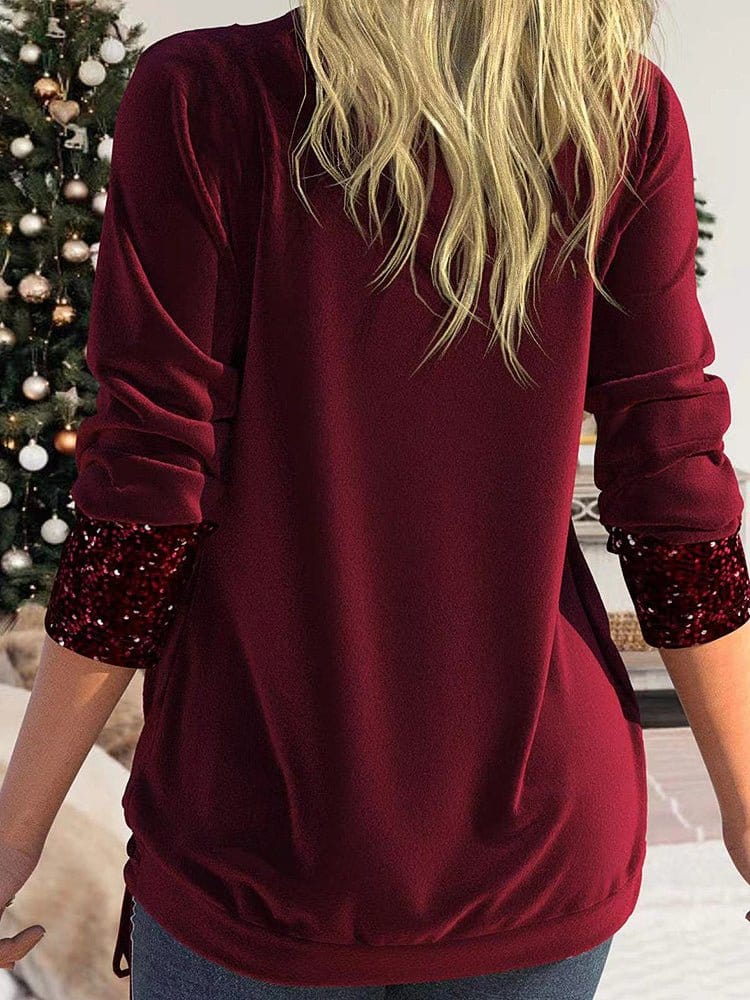 MsDressly T-Shirts Sequin Panel Solid Long Sleeve Drop Collar Pleated T-Shirt