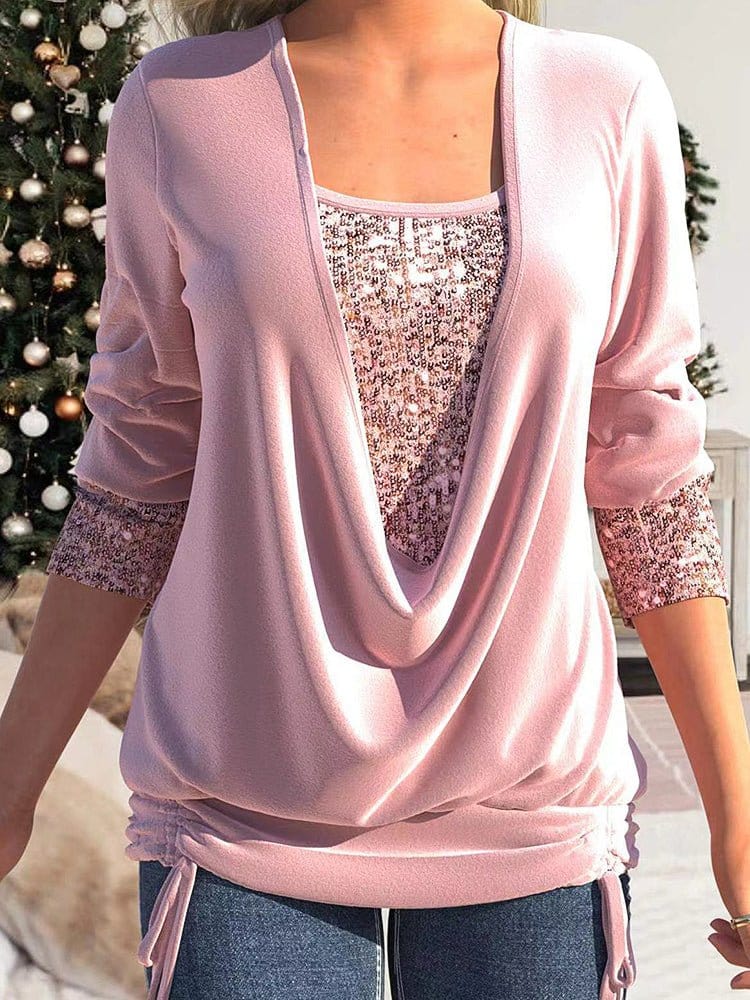 MsDressly T-Shirts Sequin Panel Solid Long Sleeve Drop Collar Pleated T-Shirt TSH2212162805LOTS
