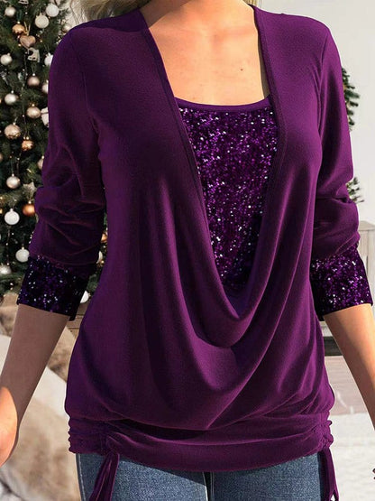 MsDressly T-Shirts Sequin Panel Solid Long Sleeve Drop Collar Pleated T-Shirt TSH2212162805PURS