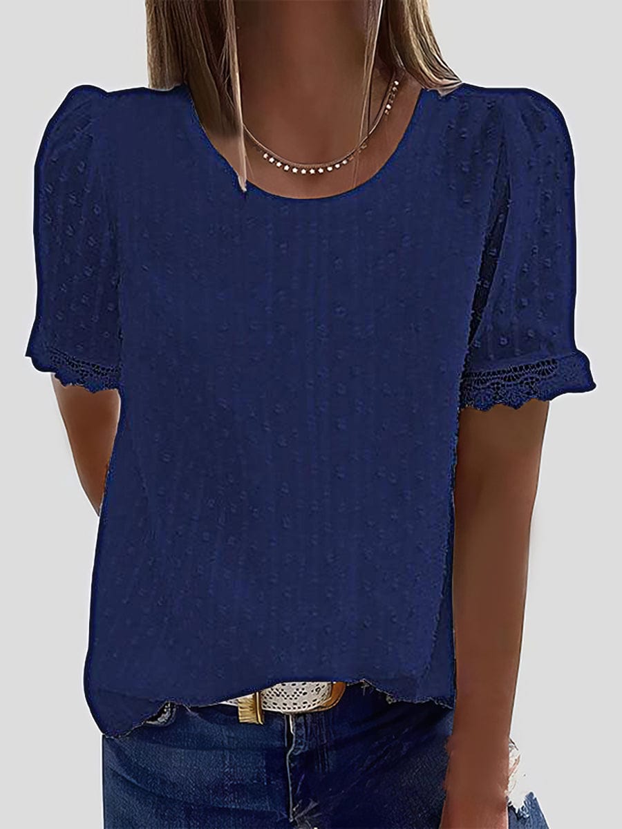 MsDressly T-shirts Solid Chiffon Round Neck Short Sleeve Top TSH2106281200RBLUS