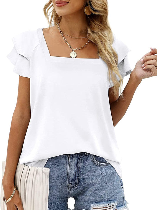 MsDressly T-Shirts Solid Color Square Neck Double Layer Petal Sleeve T-Shirt TSH2303030051WHIS