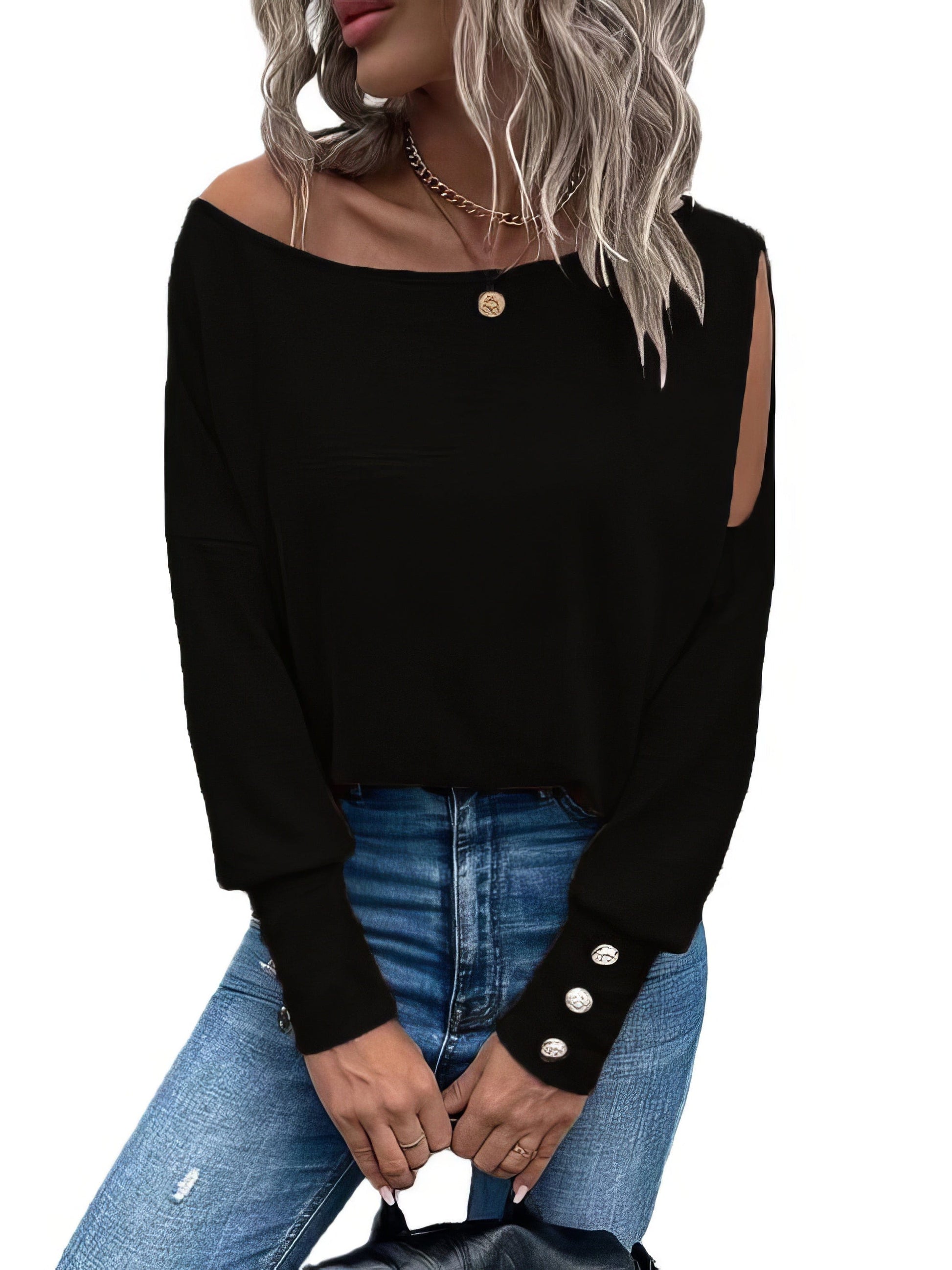 MsDressly T-Shirts Solid Off Shoulder Long Sleeves Buttoned Cuff T-Shirt TSH2212162806BLAS