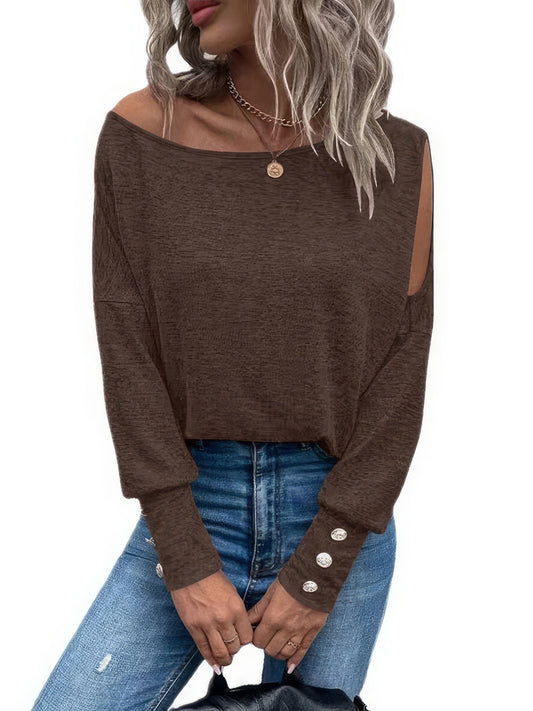 MsDressly T-Shirts Solid Off Shoulder Long Sleeves Buttoned Cuff T-Shirt TSH2212162806DBROS