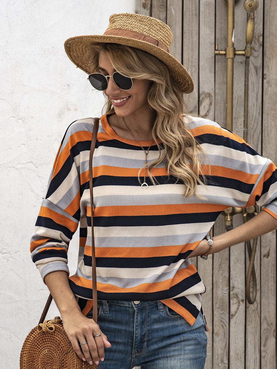 MsDressly T-Shirts Striped All Match Casual Round Neck T-Shirt TSH2307050198ORAS