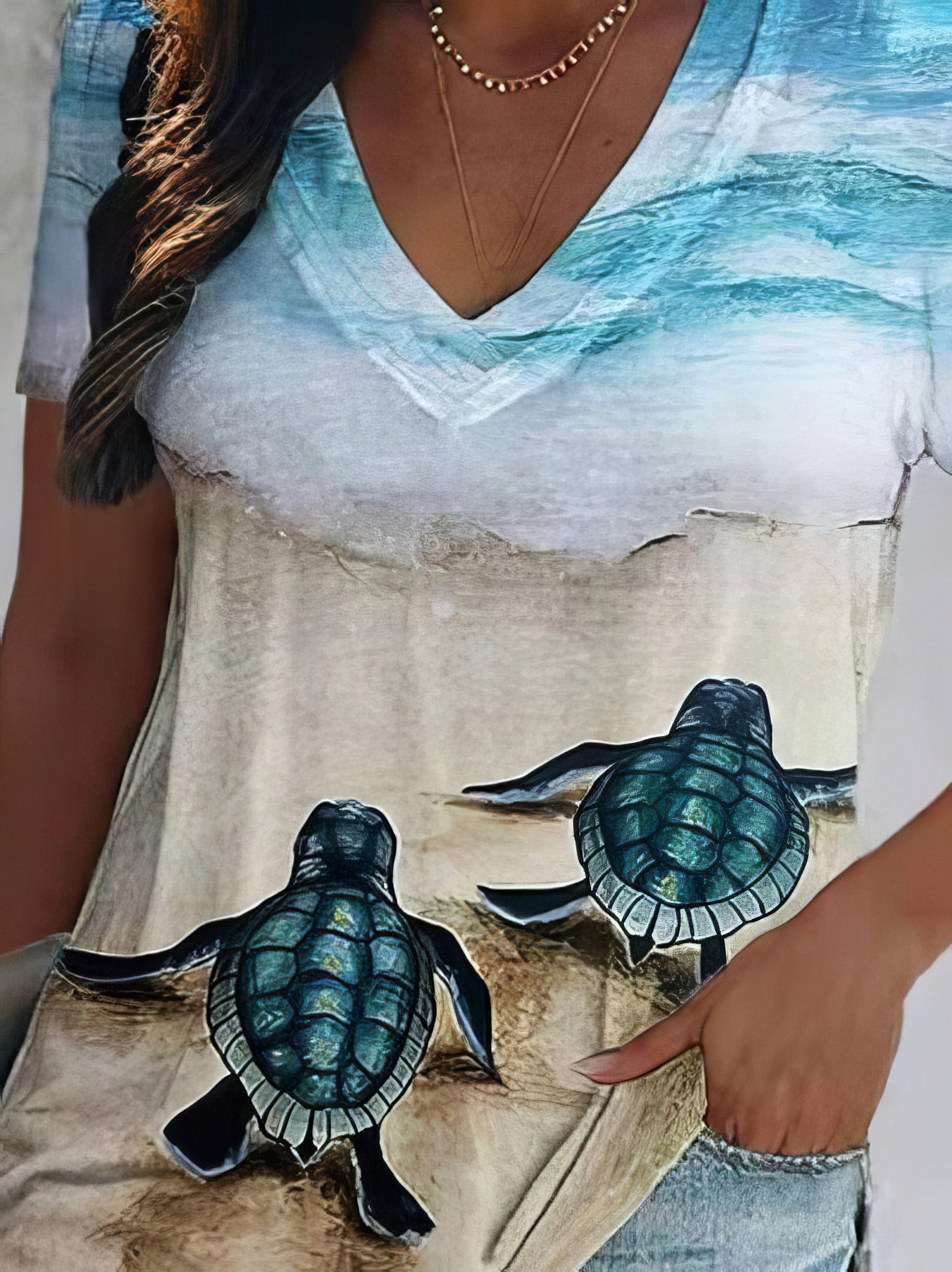 MsDressly T-Shirts Turtle Print V-Neck Short Sleeve T-Shirt - Drop Shoulder - Closed - Bracelet