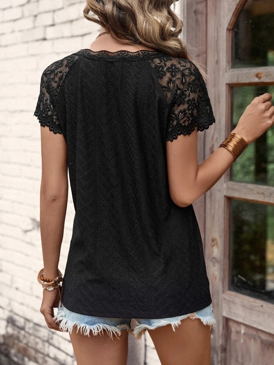 MsDressly T-Shirts V-Neck Stitching Lace Loose Short-Sleeved T-Shirt