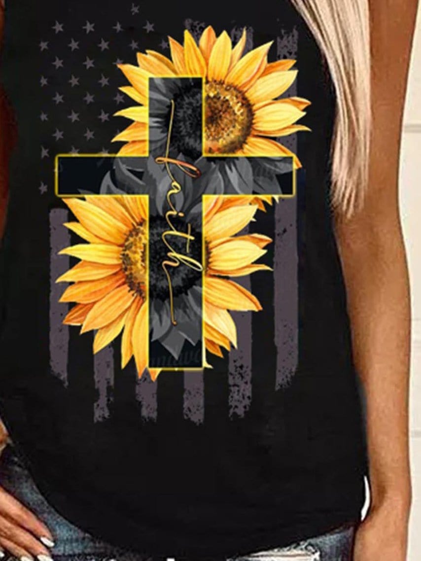 MsDressly Tank Tops Sunflower Cross Print Round Neck Sleeveless Tank Tops