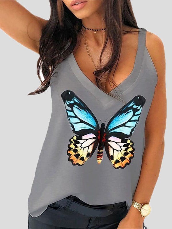 MsDressly Tank Tops Tops Butterfly Print V-Neck Camisole TAN2205191479GRAS