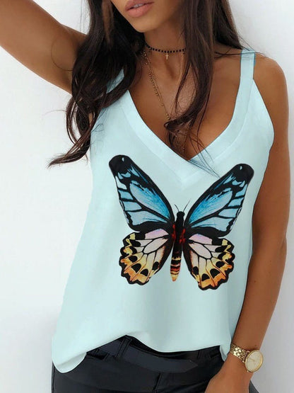 MsDressly Tank Tops Tops Butterfly Print V-Neck Camisole TAN2205191479GRES