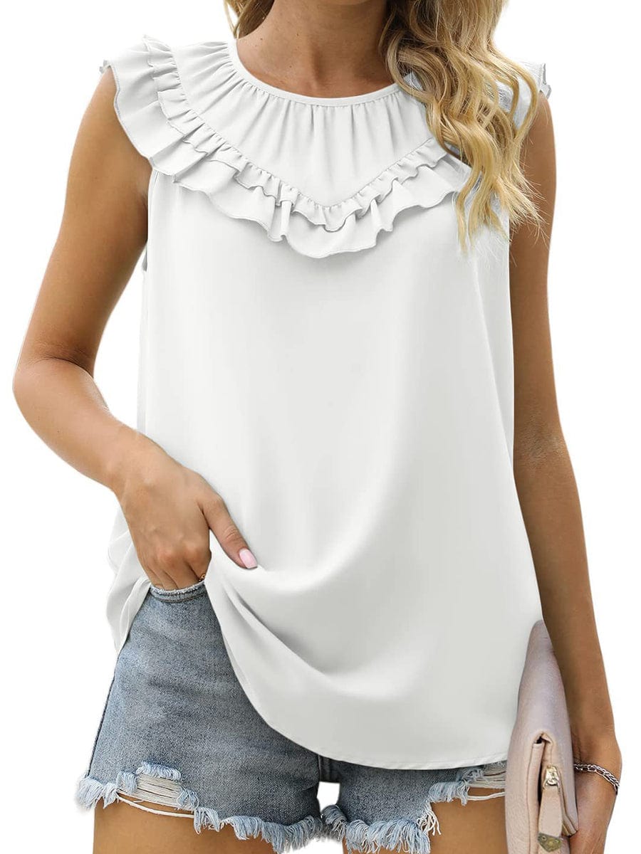 MsDressly Tank Tops Tops Pleated Chiffon Solid Sleeveless Tank Top TAN2303070009WHIS