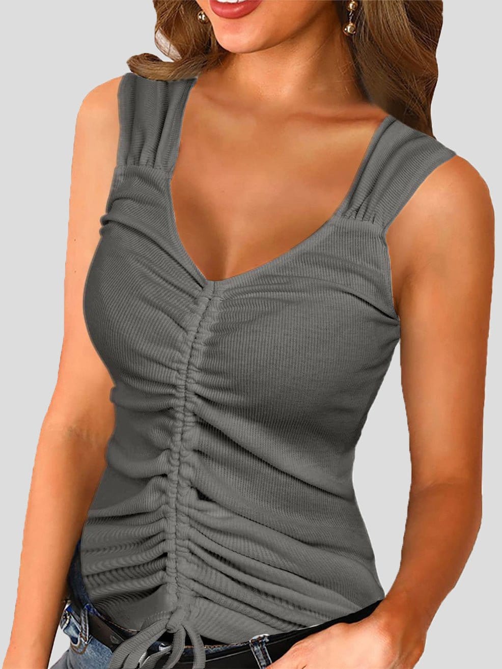 MsDressly Tank Tops Tops V-Neck Drawstring Slim Tank Top TAN2204281458DGRAS