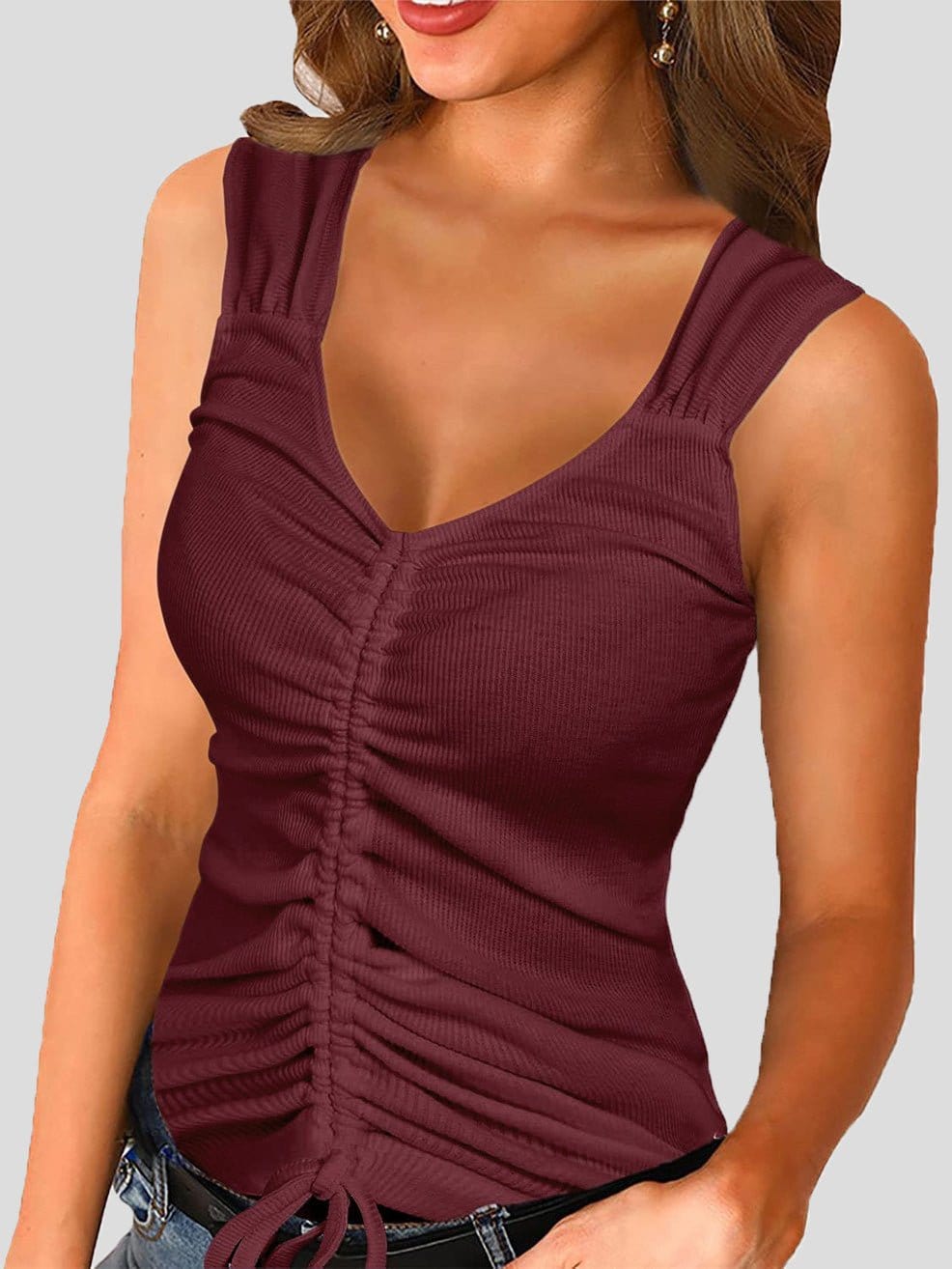 MsDressly Tank Tops Tops V-Neck Drawstring Slim Tank Top TAN2204281458WREDS