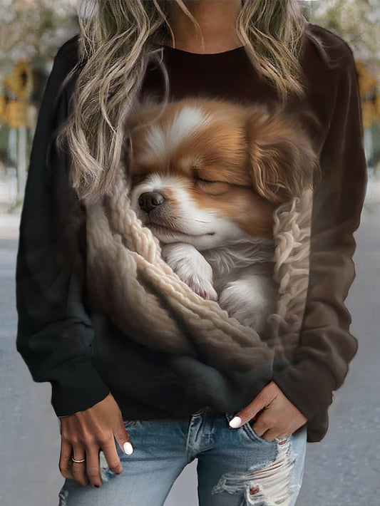 Women's Sweatshirt Pullover Dog Basic Brown Street Casual Round Neck Long Sleeve Top Micro-elastic Fall & Winter