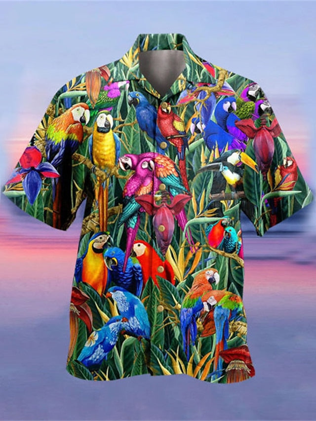 Men's Shirt Summer Hawaiian Shirt Camp Collar Shirt Graphic Shirt Aloha Shirt Parrot Turndown Yellow Light Green Pink Red Blue 3D Print Outdoor Street Short Sleeve Button-Down Clothing Apparel - LuckyFash™