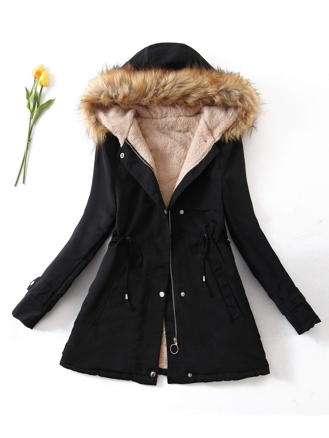 Teddy Lined Drawstring Parka Coat for Women