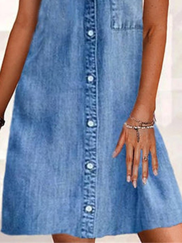 Women's Casual Dress Denim Shirt Dress Mini Dress Denim Modern Casual Outdoor Daily Shirt Collar Button Pocket Sleeveless Summer Spring 2023 Regular Fit Blue Plain S M L XL 2XL - LuckyFash™