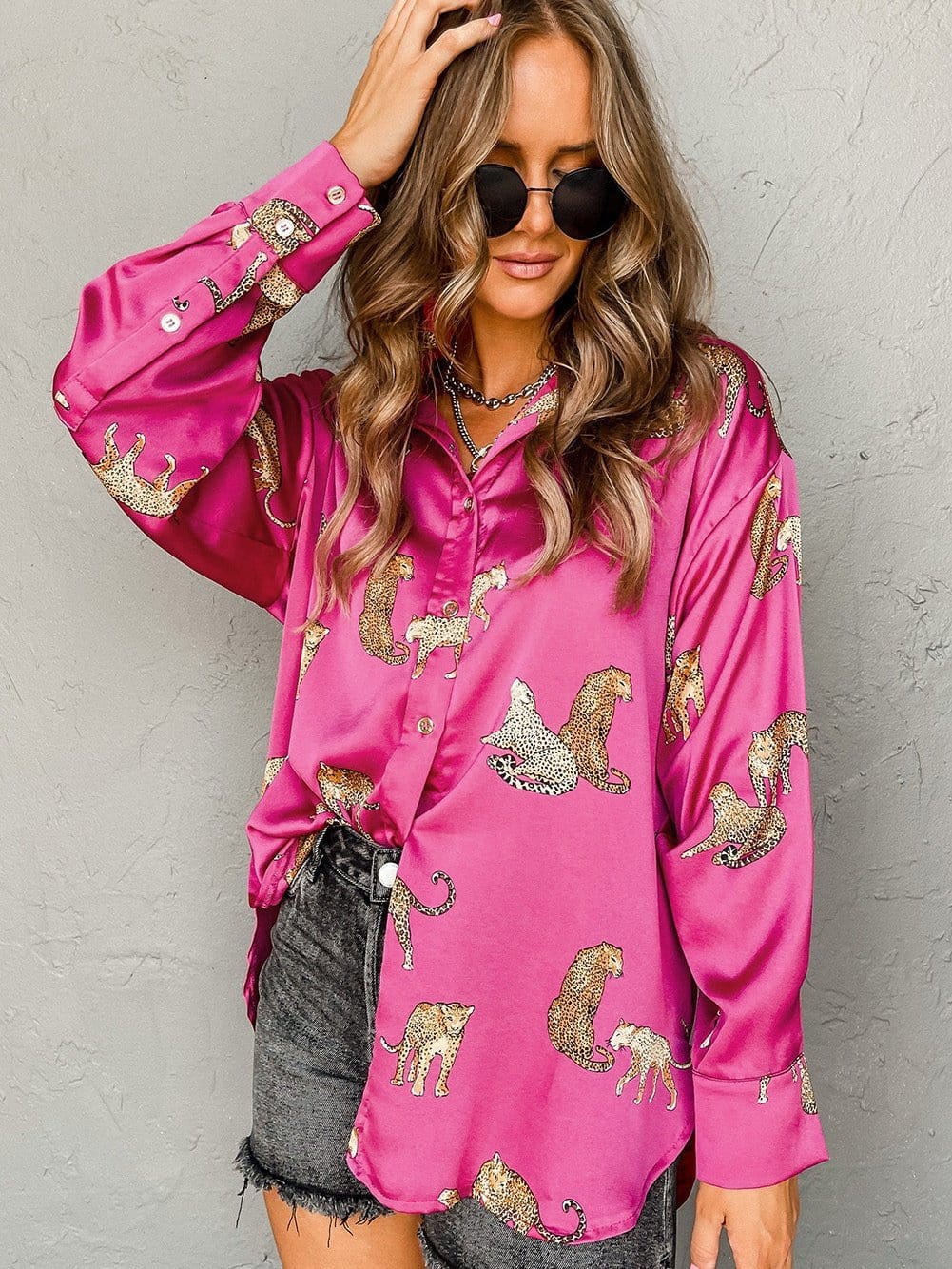 Tempting Printed Lapel Single-Breasted Long-Sleeved Blouse