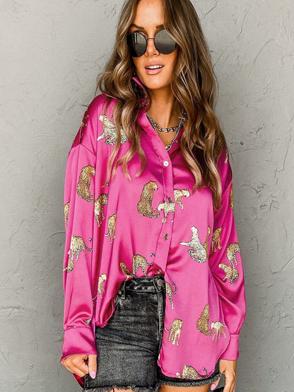 Tempting Printed Lapel Single-Breasted Long-Sleeved Blouse