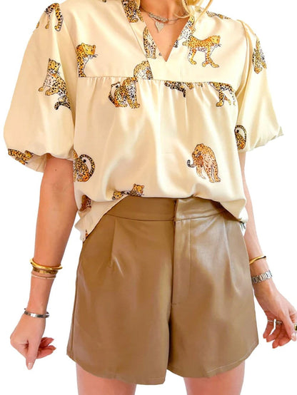 Tempting Printed Lapel Single-Breasted Long-Sleeved Blouse