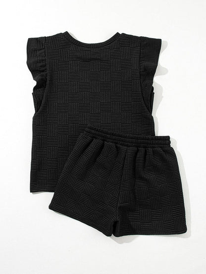 Textured Black Ruffled Sleeve Tee and Drawstring Shorts Set